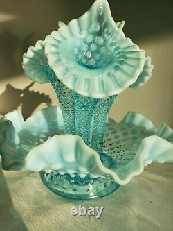 10 3/4 Fenton Blue Hobnail Opalescent 3 Horned Epergne vase Centerpiece large