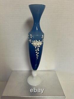 10.5 French Pierre Schneider Opaline Veritable Appl. Flower Art Glass Bud Vase