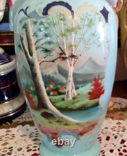 12 Antique Victorian Opaline Glass Vase Hand Painted Country Pastoral Scene