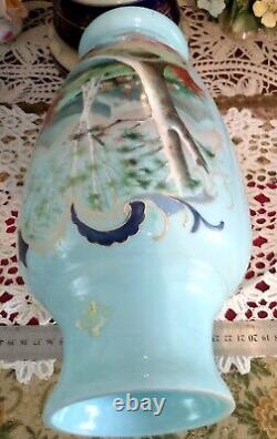 12 Antique Victorian Opaline Glass Vase Hand Painted Country Pastoral Scene