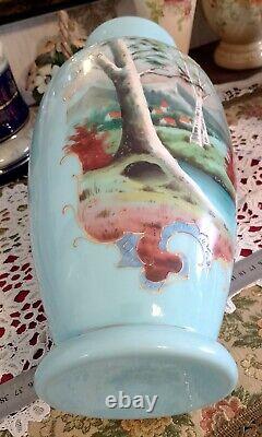 12 Antique Victorian Opaline Glass Vase Hand Painted Country Pastoral Scene