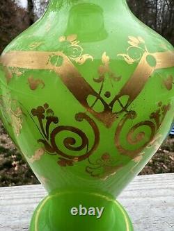 14 1800s Antique BOHEMIAN CZECH Opaline Uranium Green Vase Gold Overlay