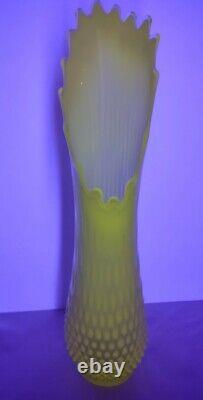 17-1/4 USA Fenton Topaz Vaseline Opalescent Hobnail Art Glass Swung Vase Huge