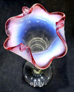 1800's ANTIQUE Victorian CRANBERRY OPALESCENT Rigaree ART GLASS Trumpet Vase