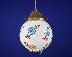 1910s English Arts & Crafts Opaline Globe Pendant Lamp with Hand-Painted Flowers