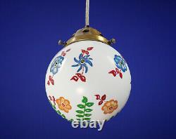 1910s English Arts & Crafts Opaline Globe Pendant Lamp with Hand-Painted Flowers