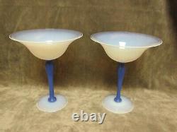 1920's Fry Art Glass Foval Delft Stem & Blue Opalescent Foot and Bowl compote Pr