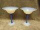 1920's Fry Art Glass Foval Delft Stem & Blue Opalescent Foot And Bowl Compote Pr