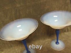 1920's Fry Art Glass Foval Delft Stem & Blue Opalescent Foot and Bowl compote Pr