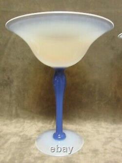 1920's Fry Art Glass Foval Delft Stem & Blue Opalescent Foot and Bowl compote Pr