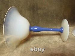 1920's Fry Art Glass Foval Delft Stem & Blue Opalescent Foot and Bowl compote Pr