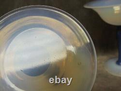1920's Fry Art Glass Foval Delft Stem & Blue Opalescent Foot and Bowl compote Pr