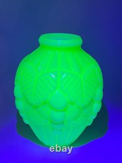 1920s Art Deco French Opaline Celadon Uranium Vaseline Glass Vase Large Relief