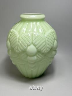 1920s Art Deco French Opaline Celadon Uranium Vaseline Glass Vase Large Relief