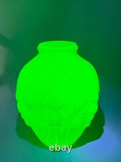 1920s Art Deco French Opaline Celadon Uranium Vaseline Glass Vase Large Relief
