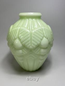 1920s Art Deco French Opaline Celadon Uranium Vaseline Glass Vase Large Relief