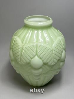 1920s Art Deco French Opaline Celadon Uranium Vaseline Glass Vase Large Relief