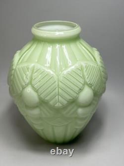1920s Art Deco French Opaline Celadon Uranium Vaseline Glass Vase Large Relief