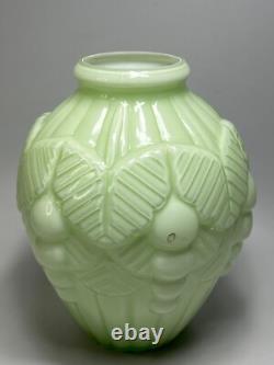 1920s Art Deco French Opaline Celadon Uranium Vaseline Glass Vase Large Relief