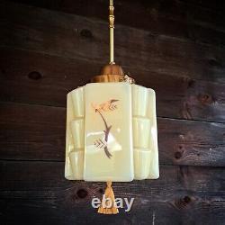 1930's European Art Deco brass opaline ceiling pendant light chandelier