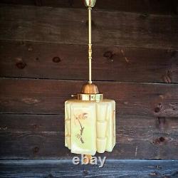 1930's European Art Deco brass opaline ceiling pendant light chandelier