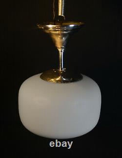 1940s Dutch art deco Opaline milk glass pendant light chrome monk cap fittings