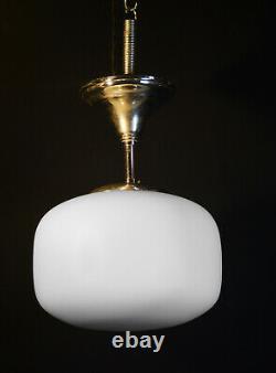 1940s Dutch art deco Opaline milk glass pendant light chrome monk cap fittings