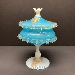 1960s MCM Murano/Empoli Italian sky blue opaline art glass bonbon compote & Lid