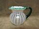 1990's Fenton Art Glass White Stripe Opalescent Withgreen Crest & Reeded Handle