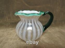 1990's Fenton Art Glass White Stripe Opalescent withGreen Crest & Reeded handle