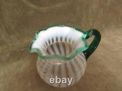 1990's Fenton Art Glass White Stripe Opalescent withGreen Crest & Reeded handle