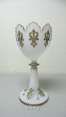 19th C. ANTIQUE FRENCH OPALINE GLASS JEWELED 12.5 NAPOLEON III STYLE CHALICE