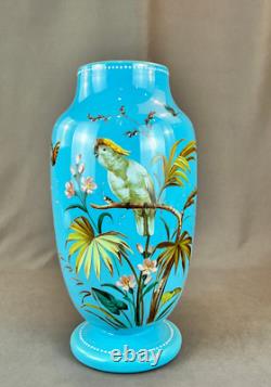 19th C. Bohemian Hand-Enameled Blue Opaline 11 ¾ Vase withCockatoo & Butterfly