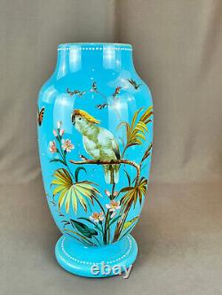 19th C. Bohemian Hand-Enameled Blue Opaline 11 ¾ Vase withCockatoo & Butterfly
