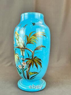 19th C. Bohemian Hand-Enameled Blue Opaline 11 ¾ Vase withCockatoo & Butterfly