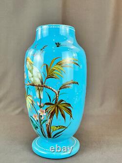 19th C. Bohemian Hand-Enameled Blue Opaline 11 ¾ Vase withCockatoo & Butterfly