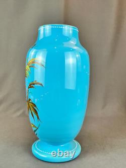 19th C. Bohemian Hand-Enameled Blue Opaline 11 ¾ Vase withCockatoo & Butterfly
