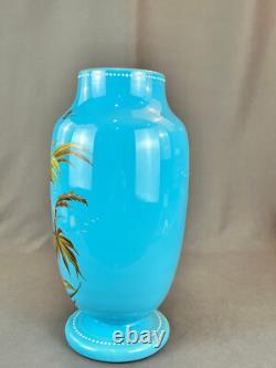 19th C. Bohemian Hand-Enameled Blue Opaline 11 ¾ Vase withCockatoo & Butterfly