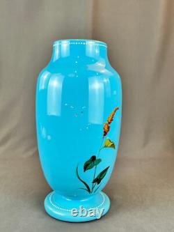 19th C. Bohemian Hand-Enameled Blue Opaline 11 ¾ Vase withCockatoo & Butterfly