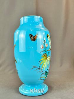 19th C. Bohemian Hand-Enameled Blue Opaline 11 ¾ Vase withCockatoo & Butterfly