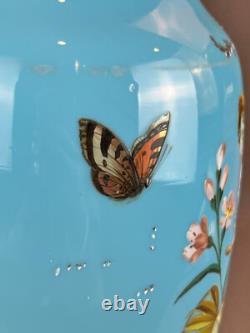 19th C. Bohemian Hand-Enameled Blue Opaline 11 ¾ Vase withCockatoo & Butterfly