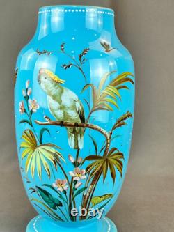 19th C. Bohemian Hand-Enameled Blue Opaline 11 ¾ Vase withCockatoo & Butterfly