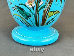 19th C. Bohemian Hand-Enameled Blue Opaline 11 ¾ Vase withCockatoo & Butterfly
