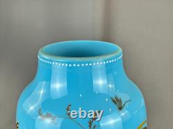 19th C. Bohemian Hand-Enameled Blue Opaline 11 ¾ Vase withCockatoo & Butterfly