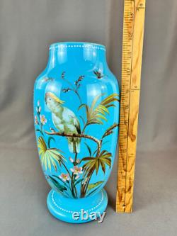 19th C. Bohemian Hand-Enameled Blue Opaline 11 ¾ Vase withCockatoo & Butterfly