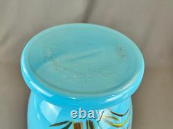19th C. Bohemian Hand-Enameled Blue Opaline 11 ¾ Vase withCockatoo & Butterfly