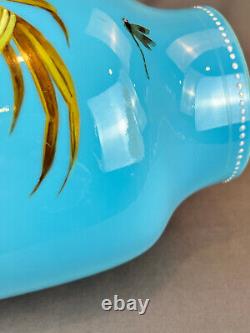 19th C. Bohemian Hand-Enameled Blue Opaline 11 ¾ Vase withCockatoo & Butterfly