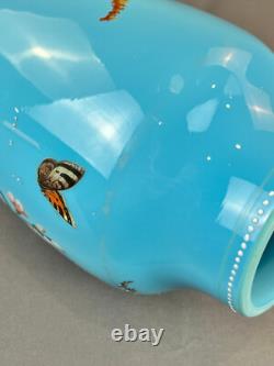 19th C. Bohemian Hand-Enameled Blue Opaline 11 ¾ Vase withCockatoo & Butterfly