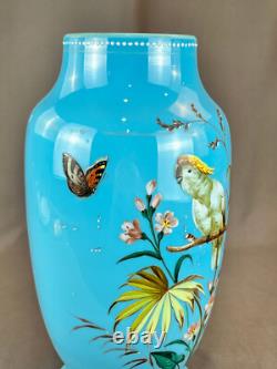 19th C. Bohemian Hand-Enameled Blue Opaline 11 ¾ Vase withCockatoo & Butterfly