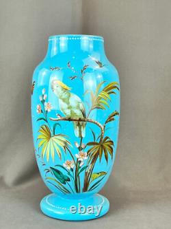 19th C. Bohemian Hand-Enameled Blue Opaline 11 ¾ Vase withCockatoo & Butterfly